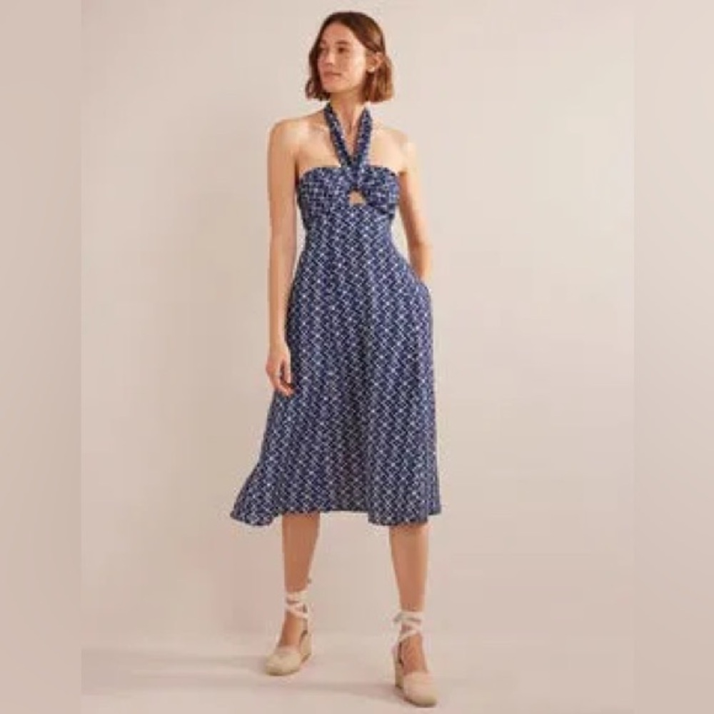 Boden Navy Blue Patterned Halter Midi Dress